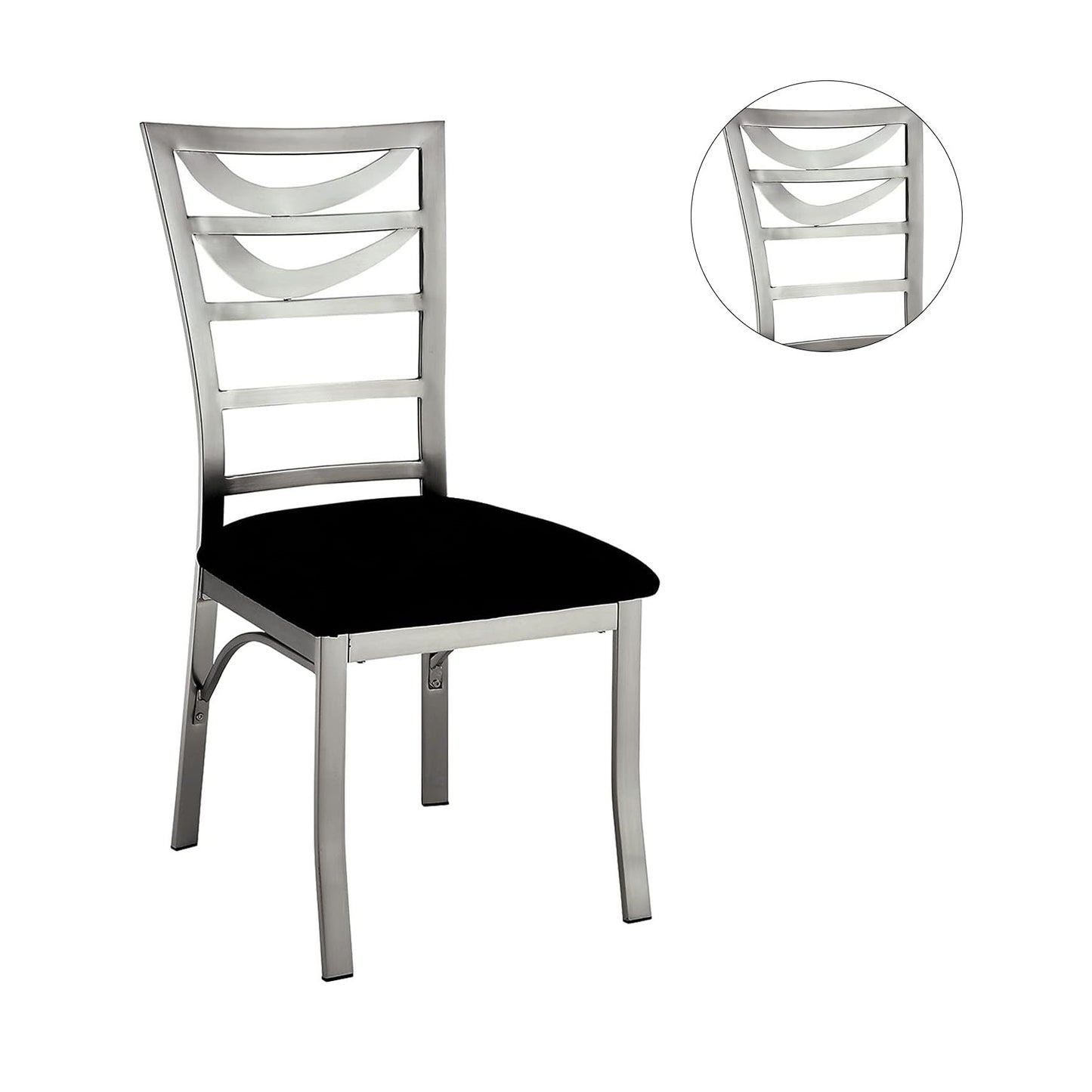 Sleek silver dining chair with curved backrest and black upholstered seat