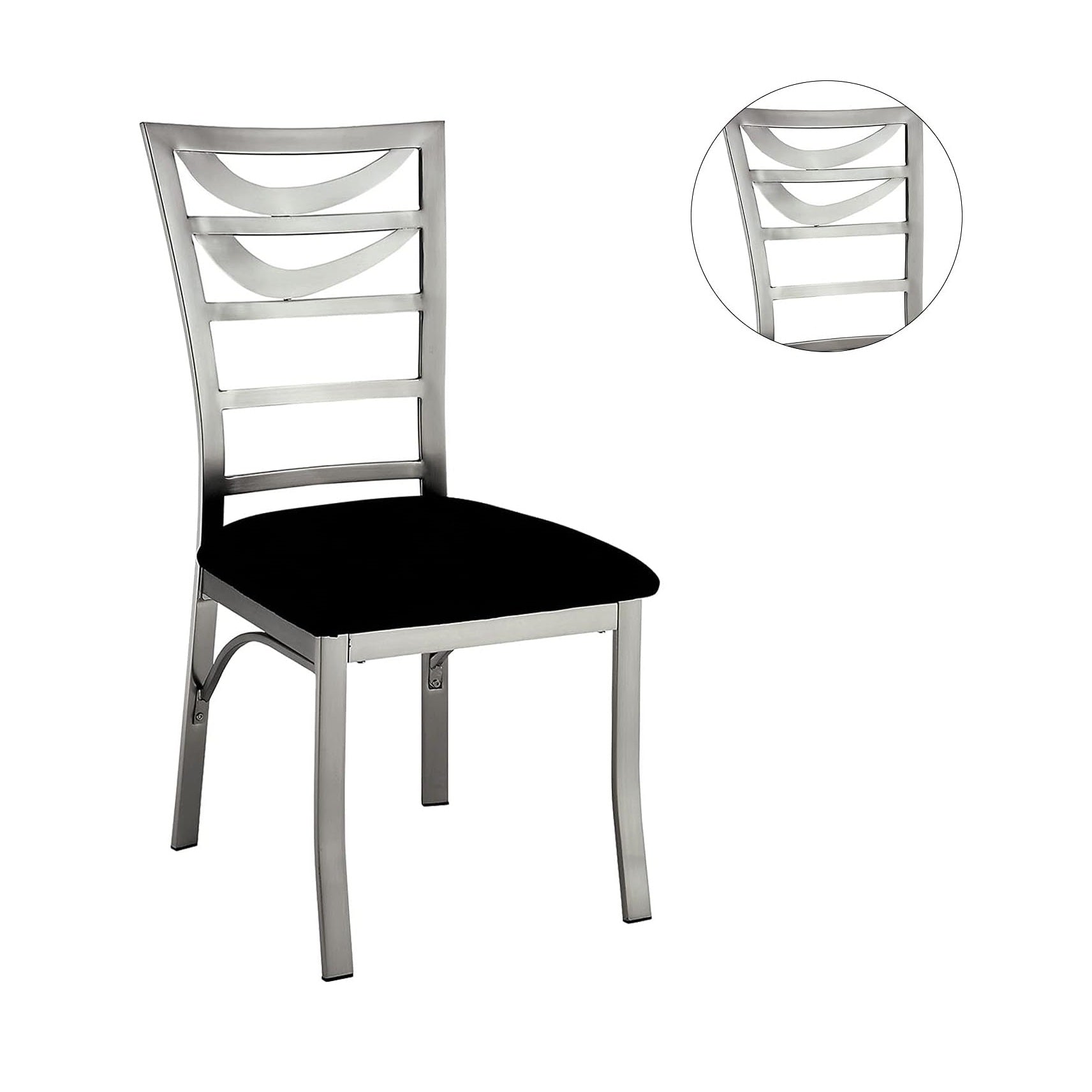 Sleek silver dining chair with curved backrest and black upholstered seat