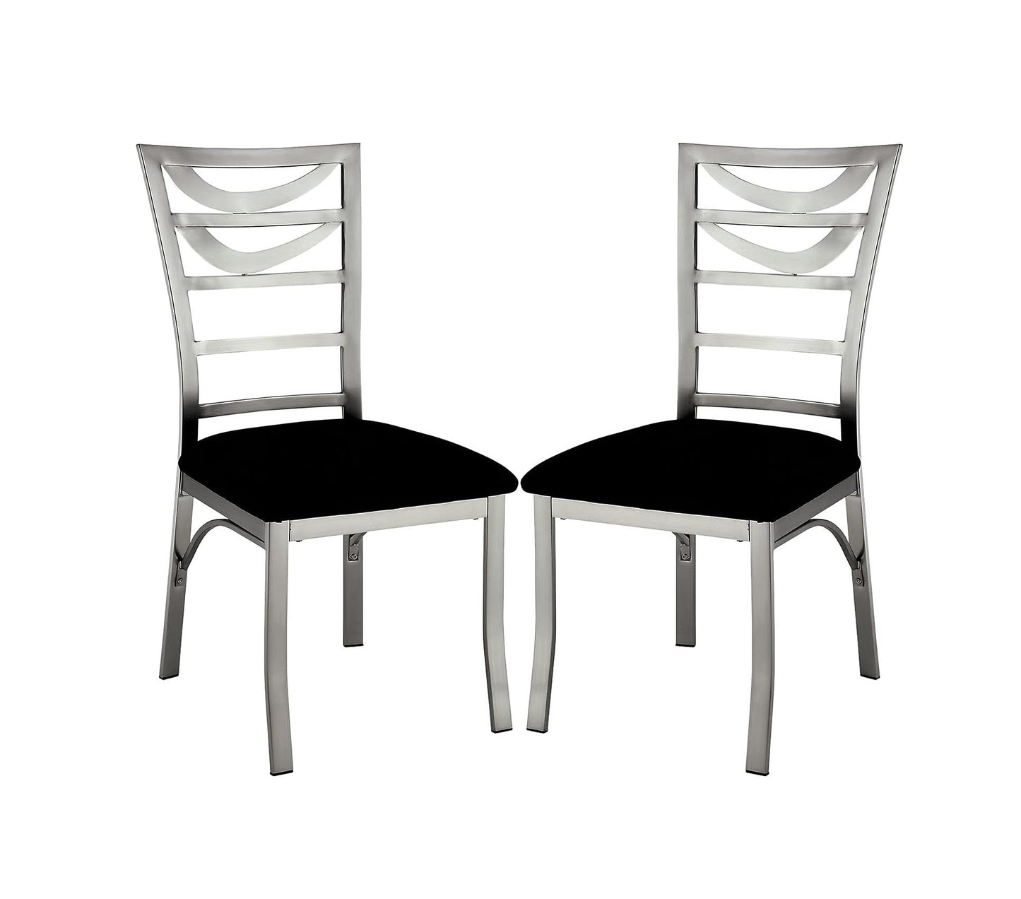 Two modern dining chairs with silver metal frames and black upholstered seats