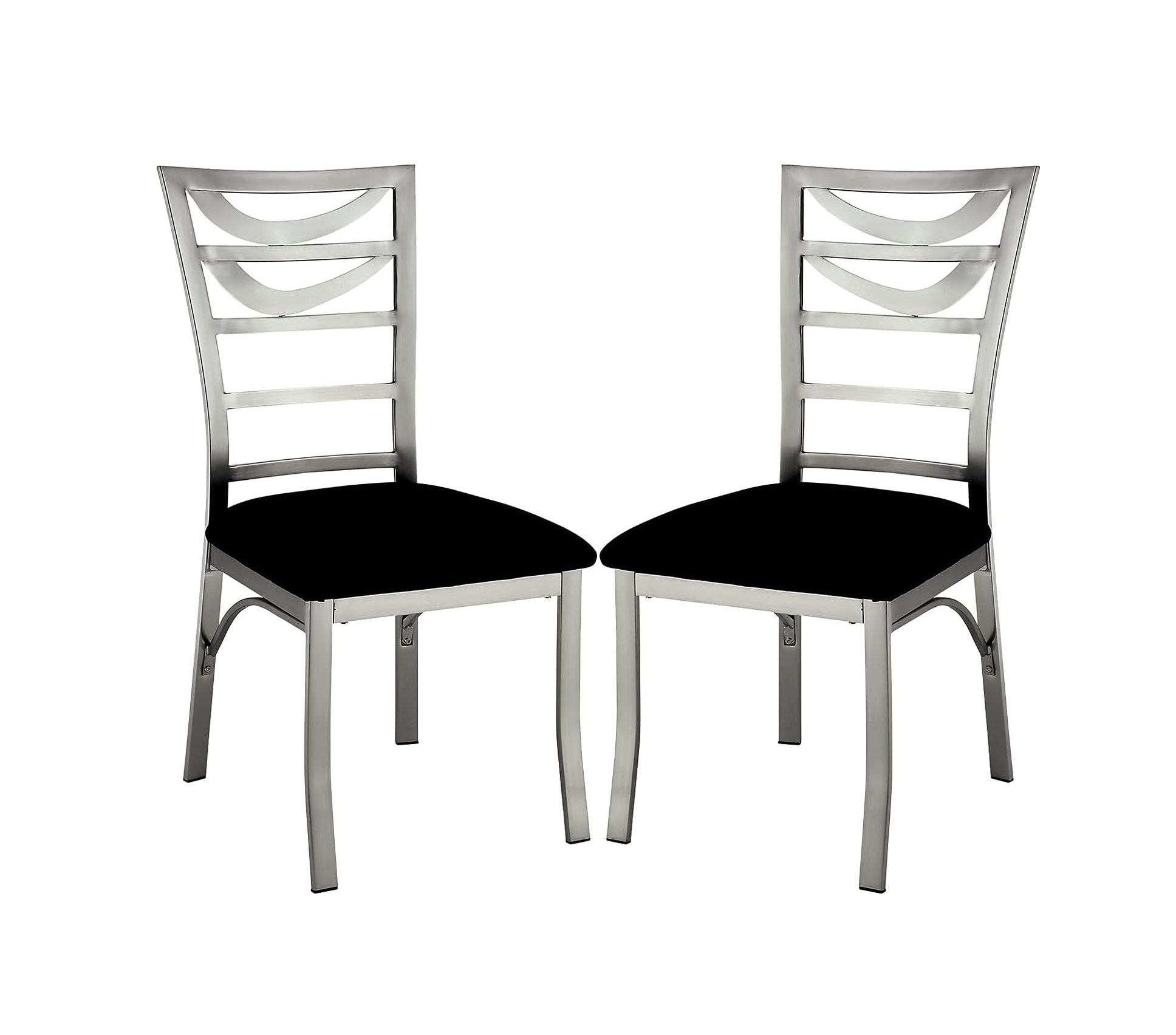 Two modern dining chairs with silver metal frames and black upholstered seats