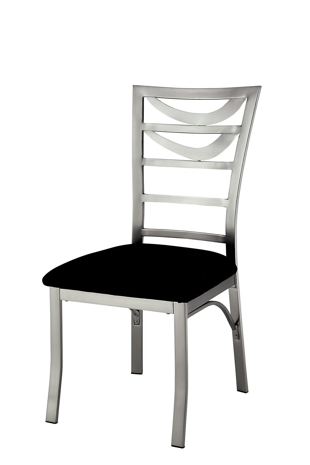 Modern brushed nickel dining chair with curved back and black upholstered seat