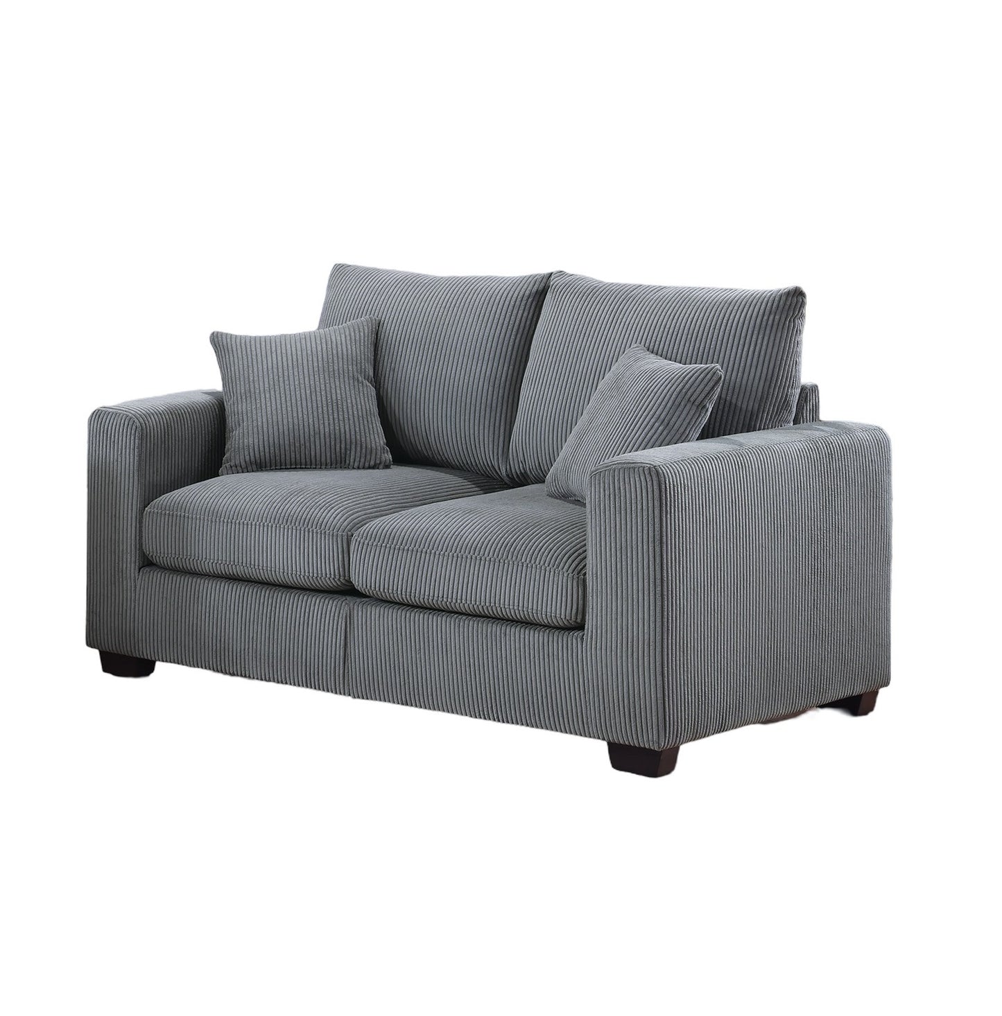 Grey corduroy seater sofa with clean lines and two accent pillows