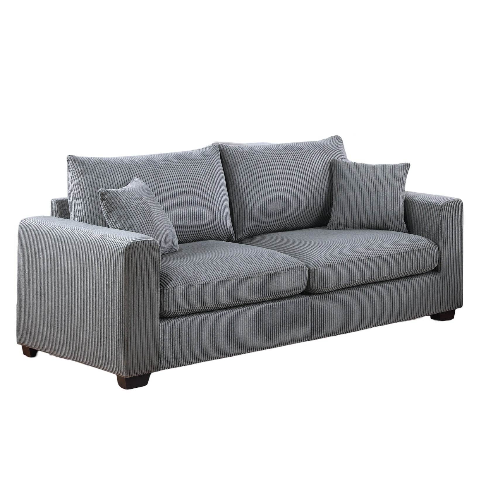 Grey corduroy sofa with plush cushions and two throw pillows perfect for modern living rooms