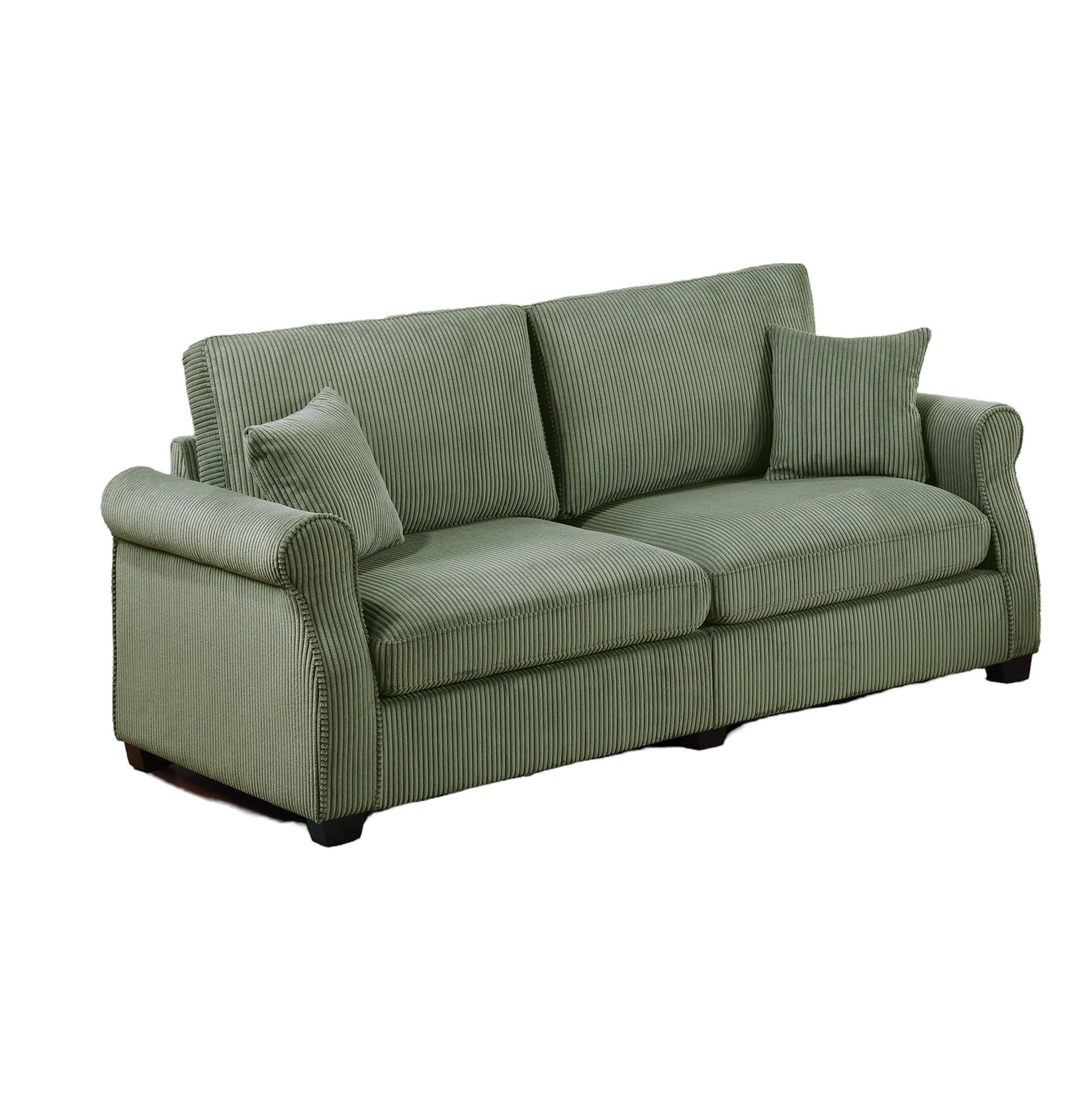 Sage green corduroy sofa with rolled arms and plush cushions perfect for living rooms