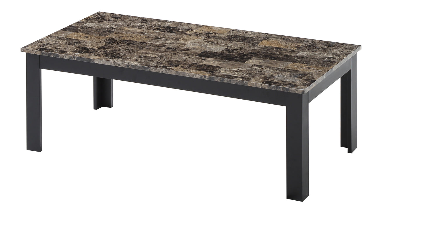 Rectangular dining table with faux marble top and black legs for modern kitchens