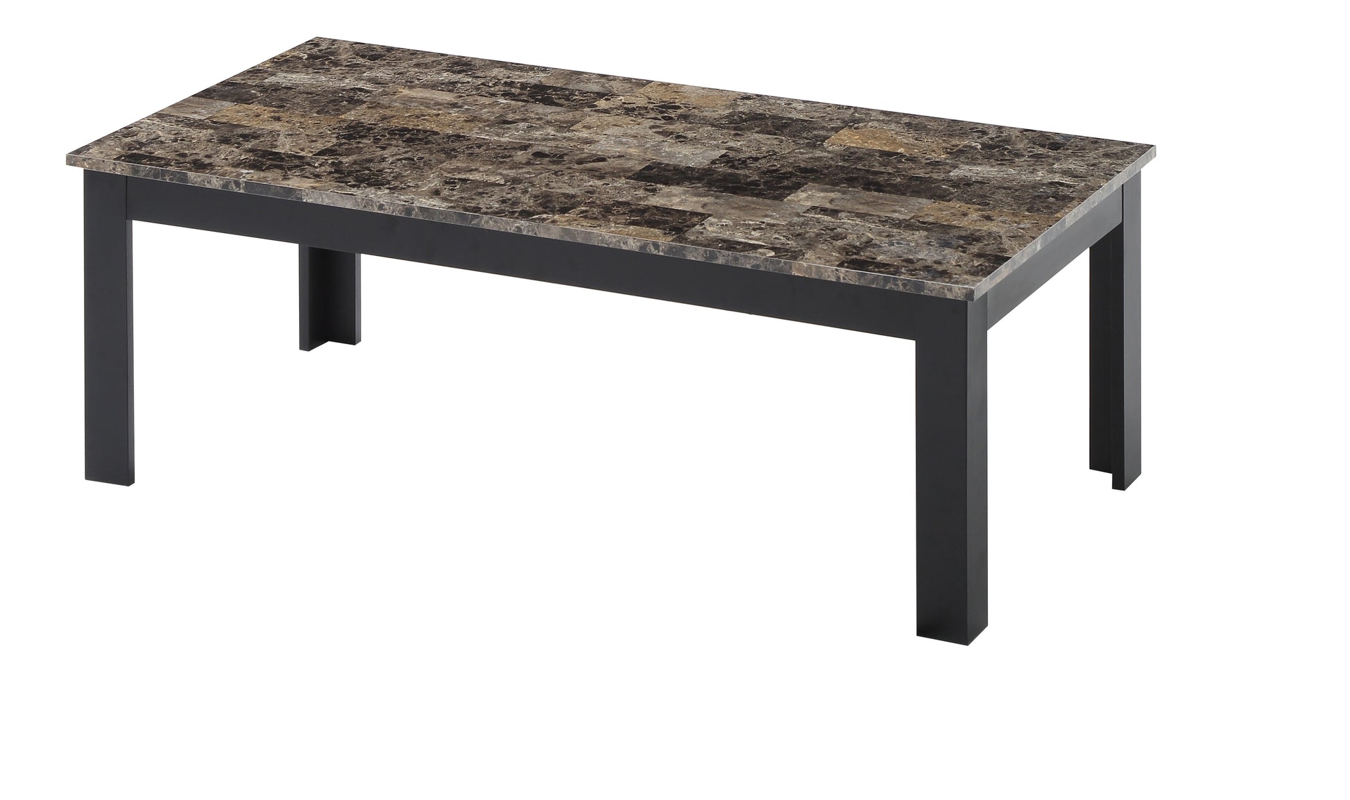 Rectangular dining table with faux marble top and black legs for modern kitchens