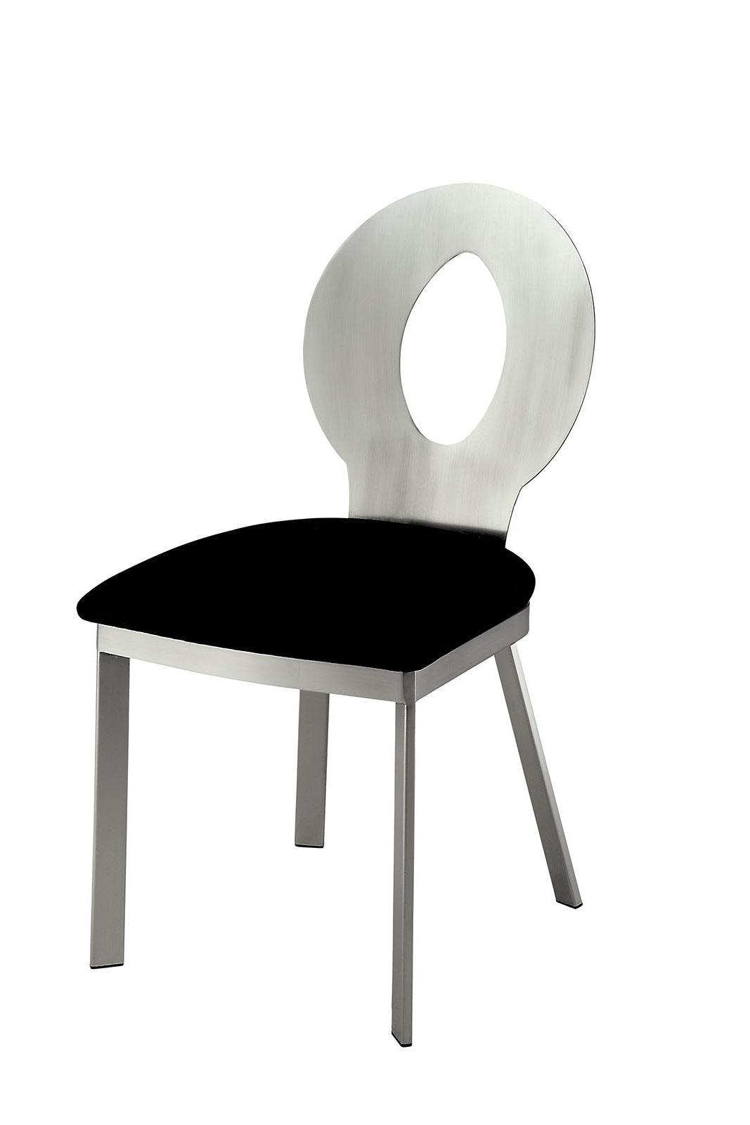 Modern metal dining chair with black seat and cutout back design