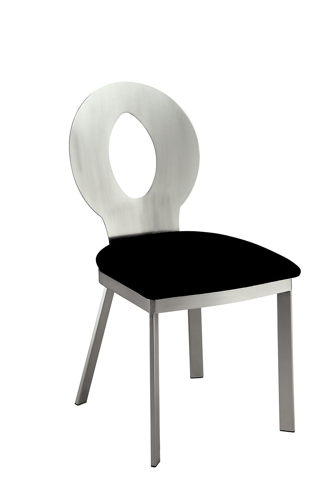 Modern silver chair with circular cutout back and black seat