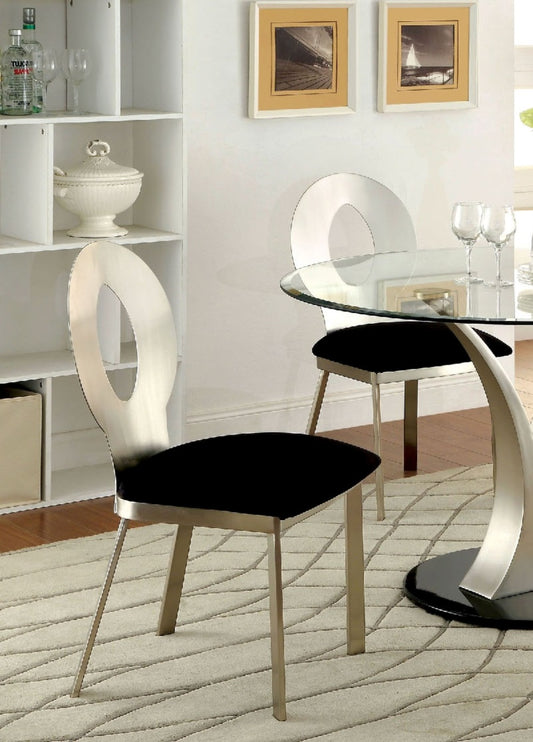 Modern metal dining chair with black velvet seat and oval back cutout