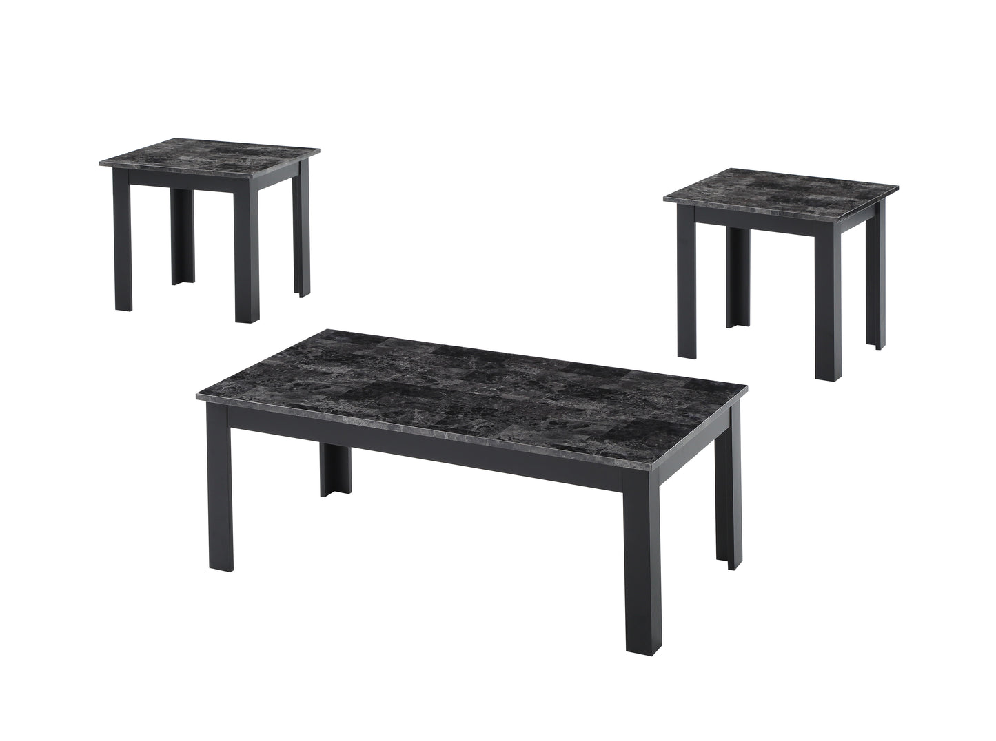 Modern black marble top coffee table with matching end tables for living room decor