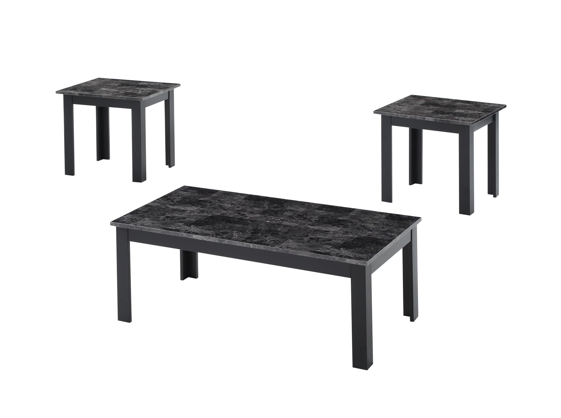 Modern black marble top coffee table with matching end tables for living room decor