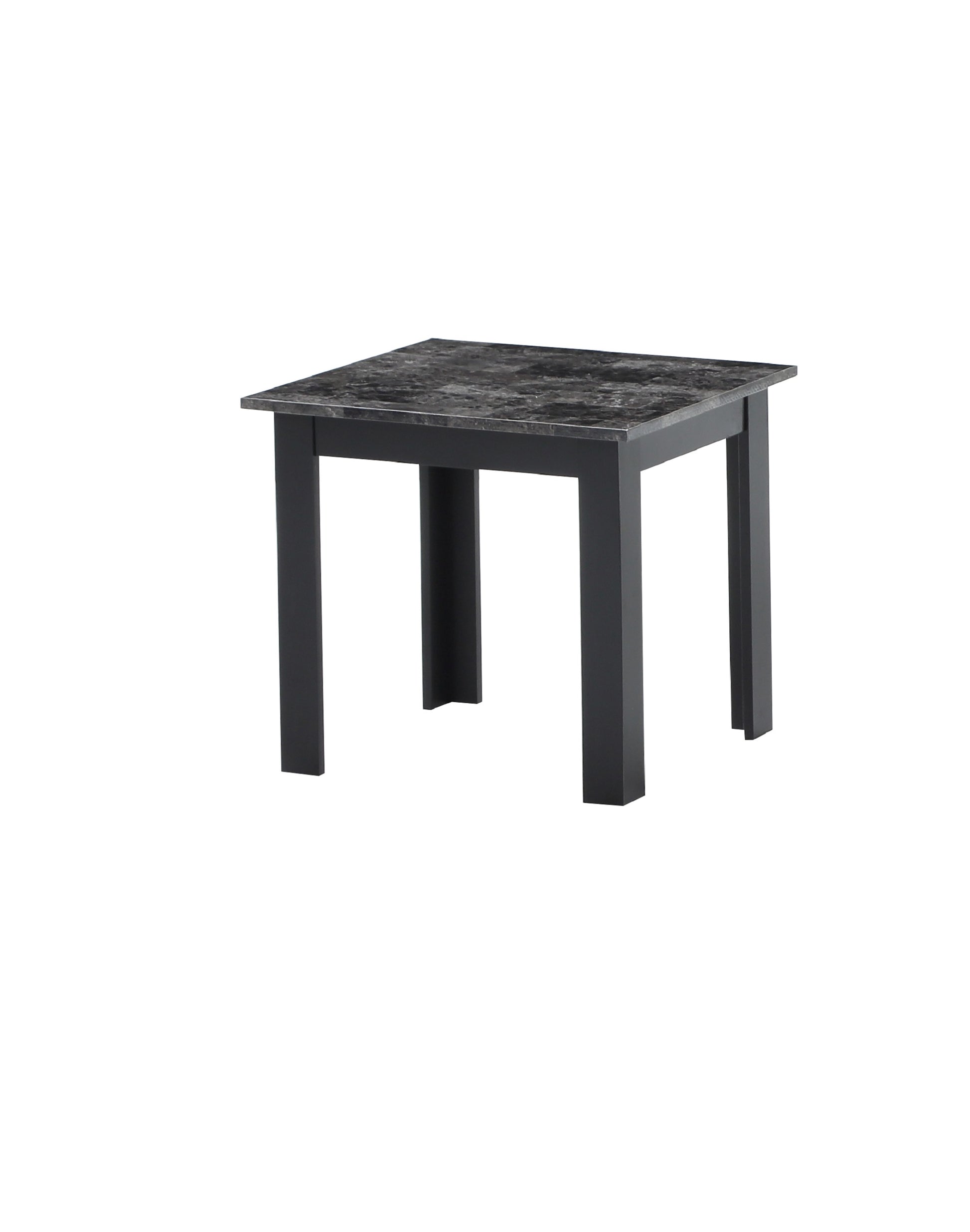 Modern square dining table with faux marble top and dark grey metal legs perfect for compact spaces