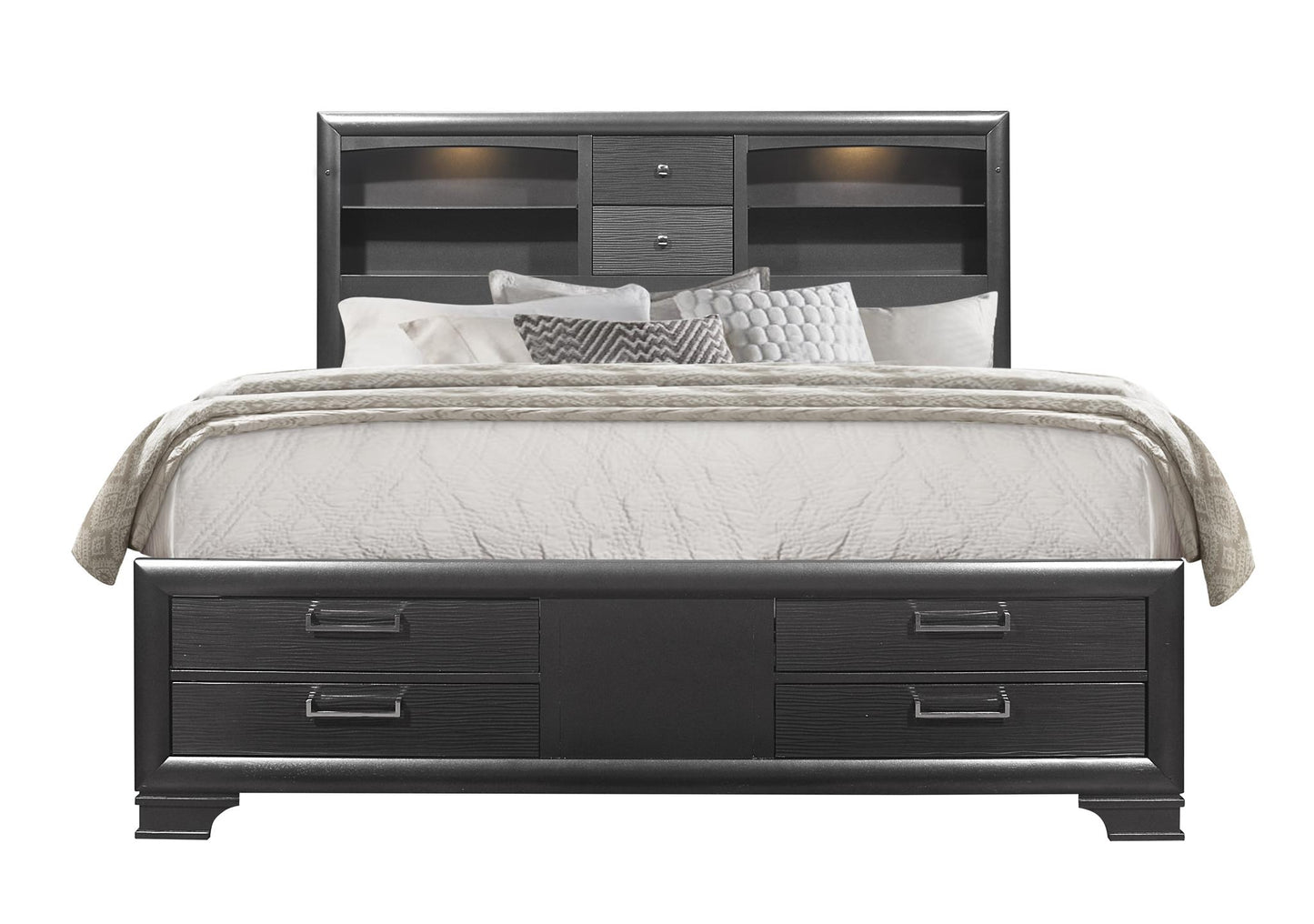 Dark grey queen bed frame with builtin headboard shelves and storage drawers