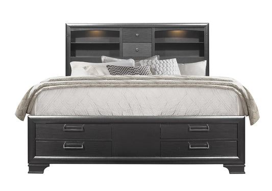 Dark grey queen bed frame with builtin headboard shelves and storage drawers