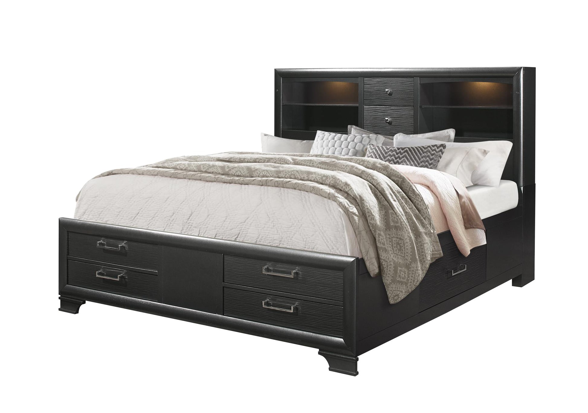 Dark wood queen bed frame with builtin storage drawers and lighted headboard bookshelf