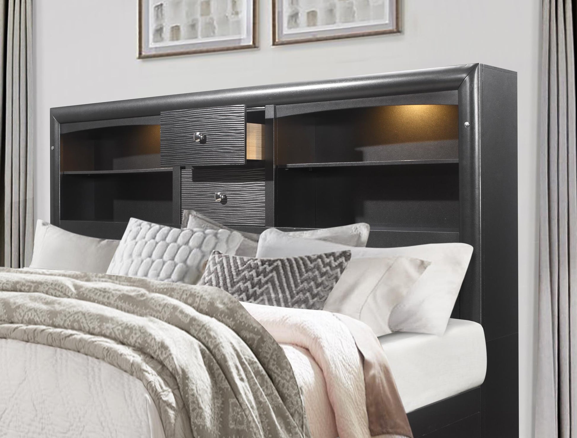 Dark gray headboard with builtin shelves and drawers perfect for modern bedrooms