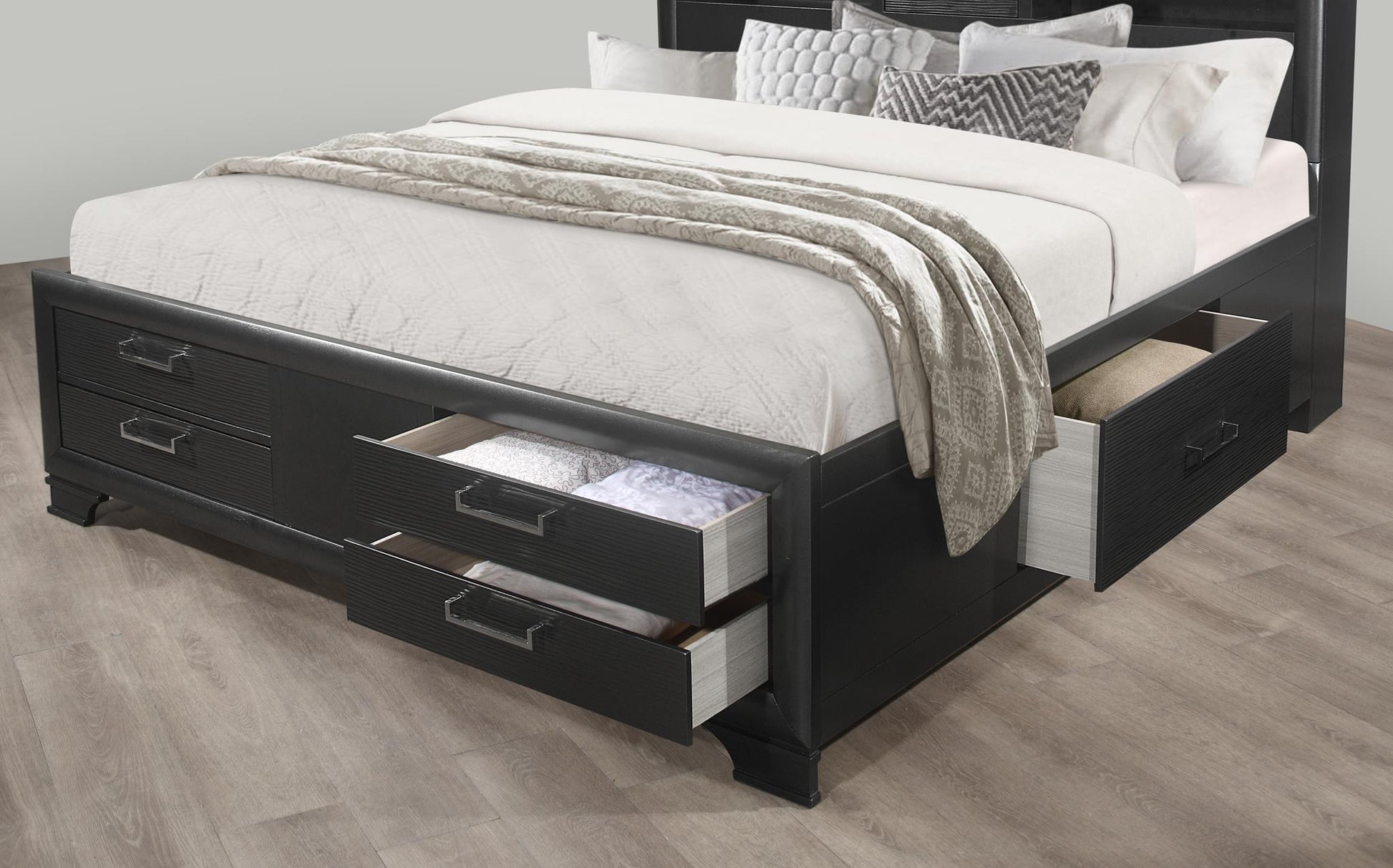 Black modern platform bed frame with textured drawers for bedroom storage