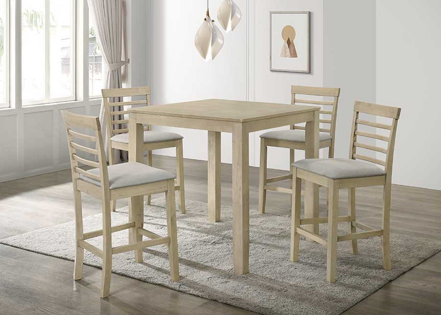 Light wood square counter height table with four upholstered stools perfect for dining