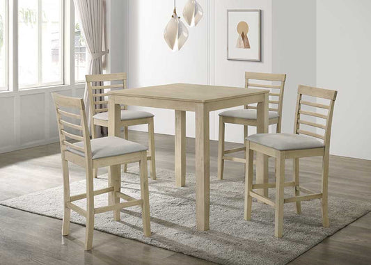 Light wood square counter height table with four upholstered stools perfect for dining