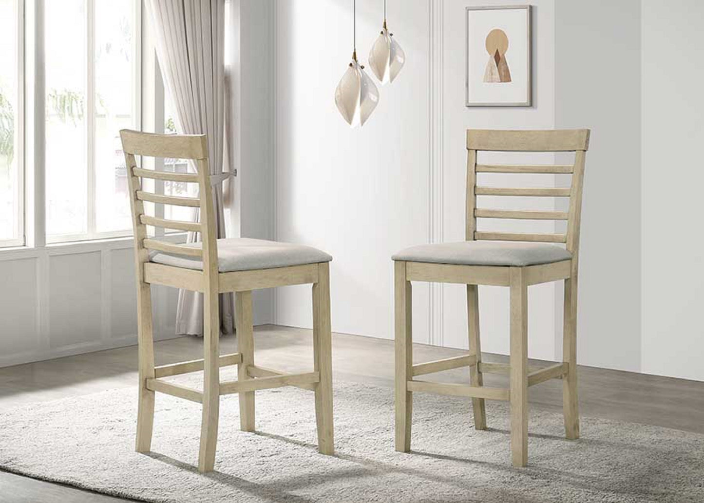 Light wood counter height chairs with upholstered seat