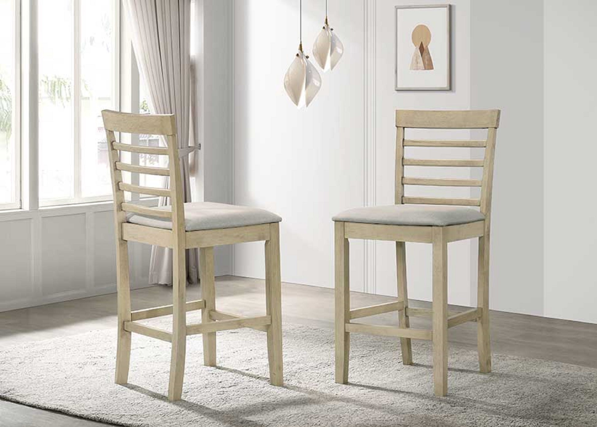 Light wood counter height chairs with upholstered seat