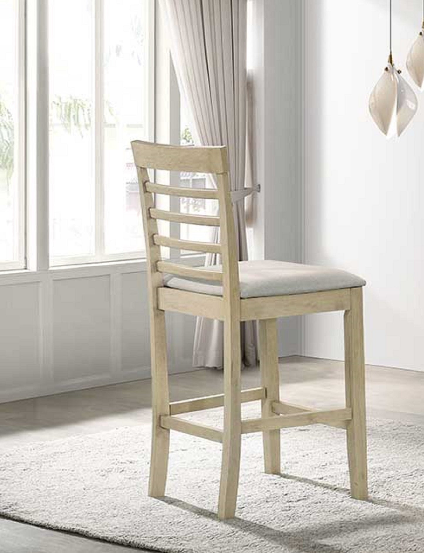 Light wood ladder back counter stool with upholstered seat modern design