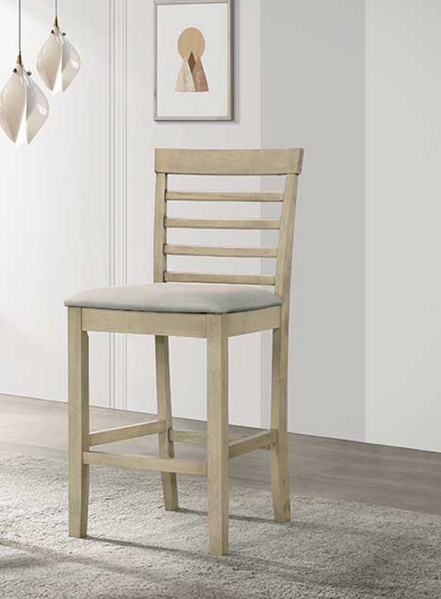 Light wood bar stool with grey upholstered seat and ladder back detail
