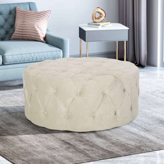 Cream velvet tufted round ottoman for living room