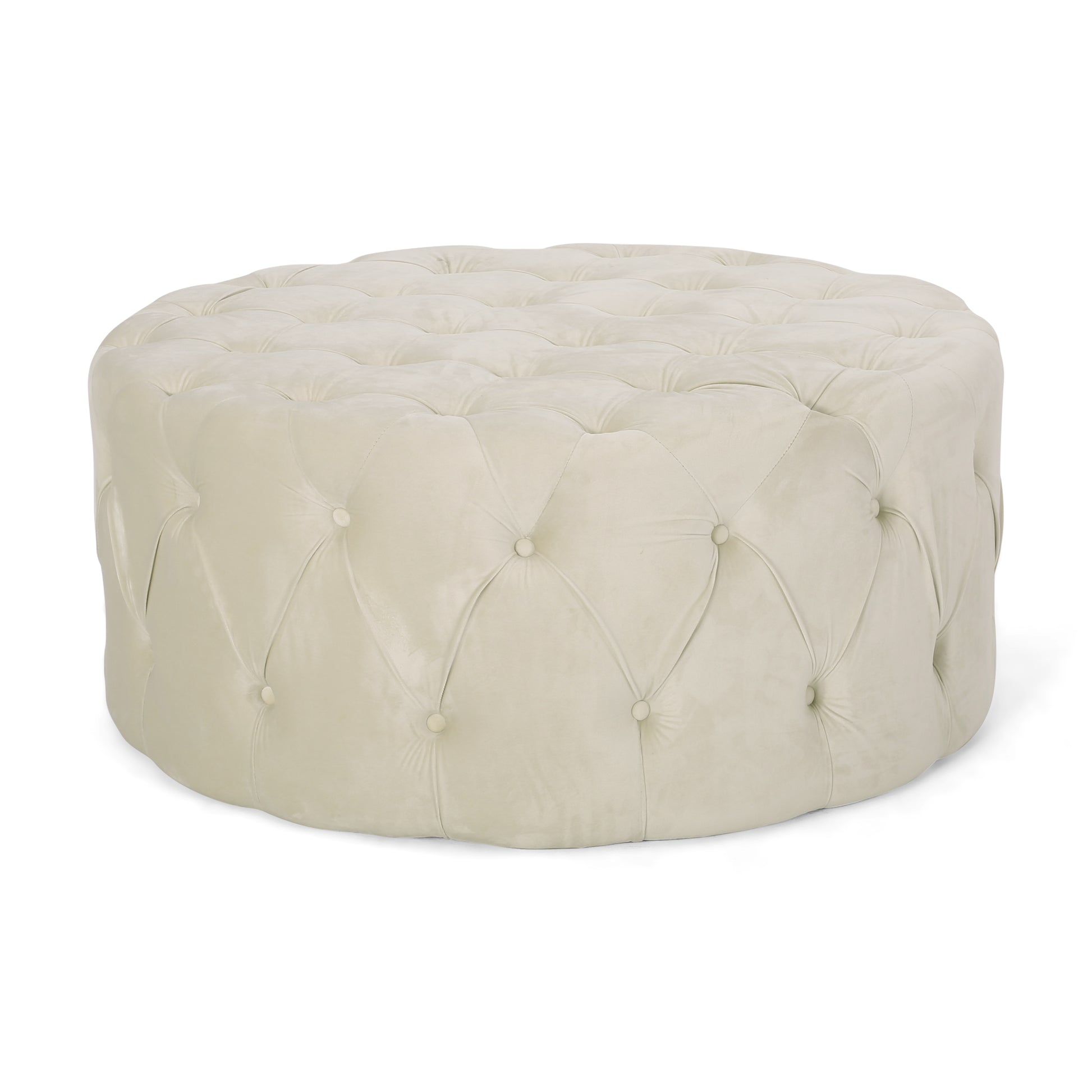 Cream velvet tufted ottoman with button accents