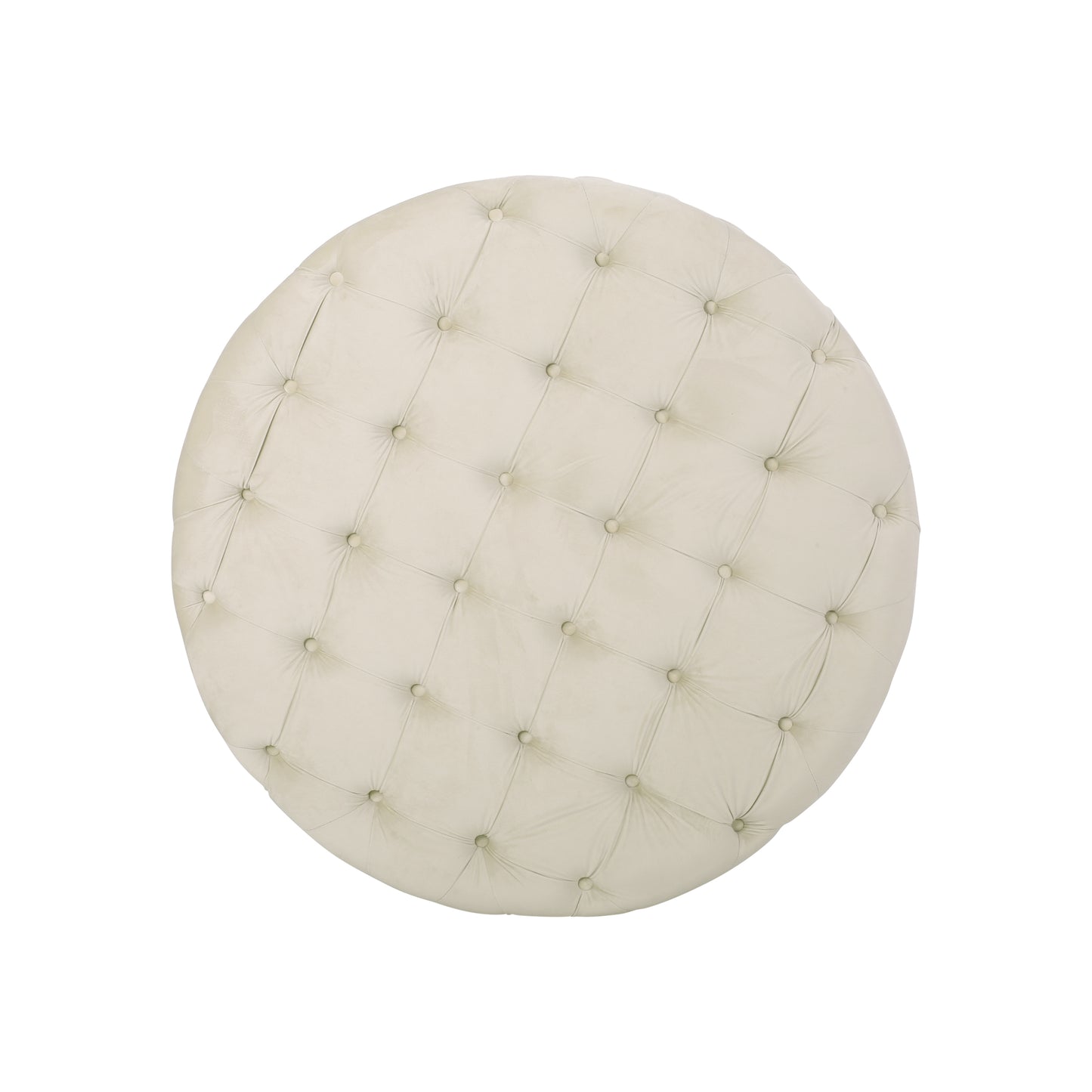 Cream velvet round tufted ottoman with button accents