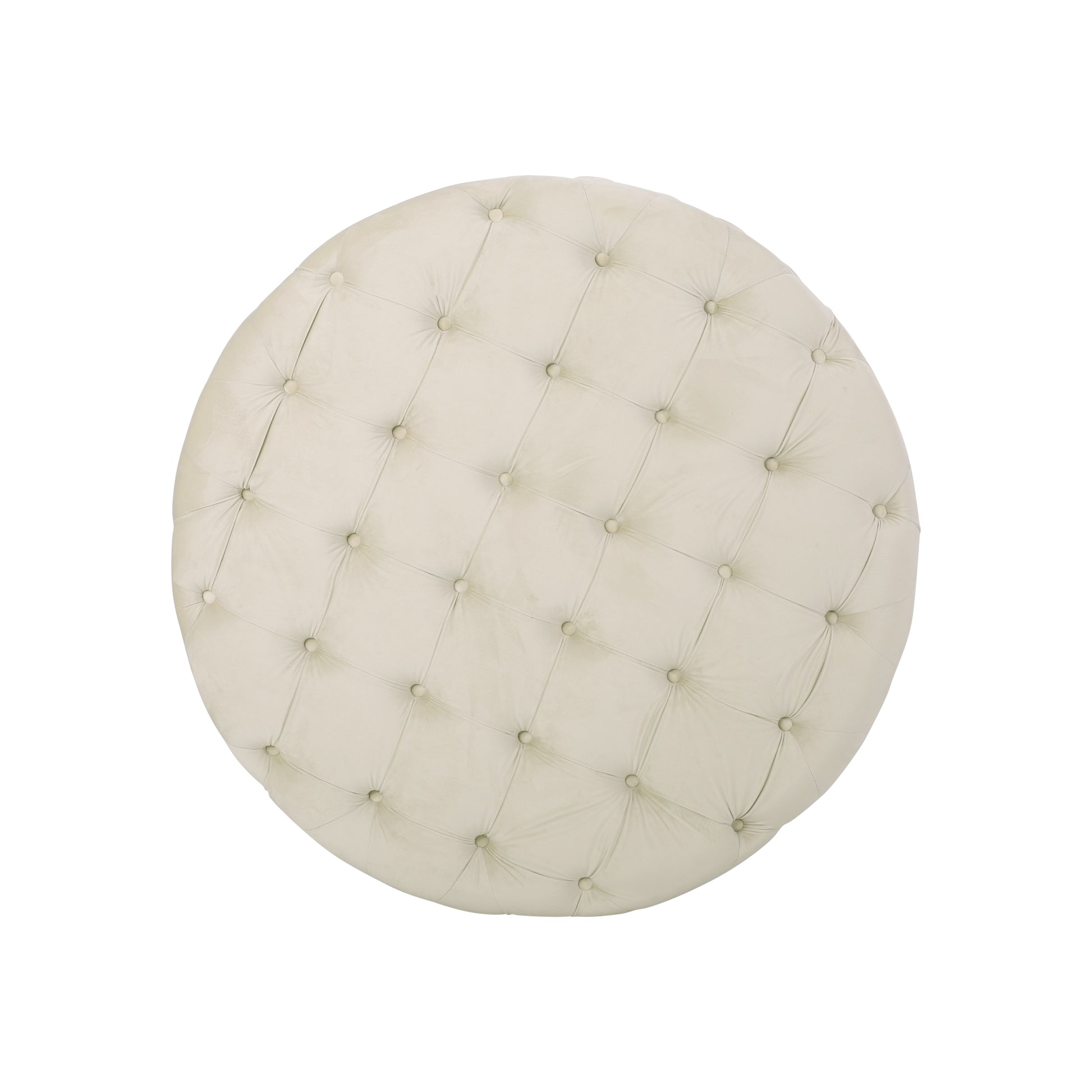 Cream velvet round tufted ottoman with button accents