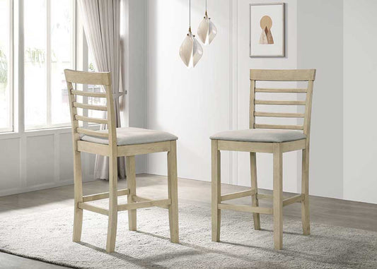 Light oak bar stools with grey upholstered seats and ladder backs a pair