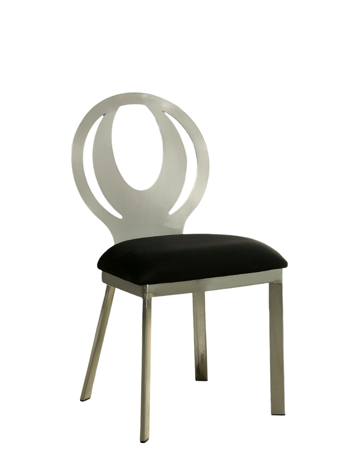 Modern metal dining chair with plush black seat and unique cutout back