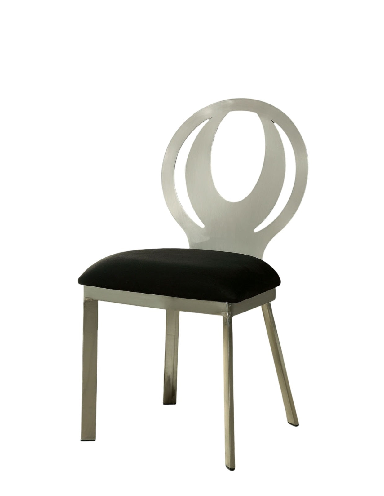 Modern chrome accent chair with a black upholstered seat and unique circular backrest
