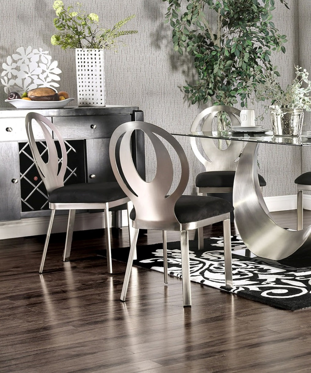 Contemporary brushed metal dining chair with black upholstered seat for modern homes