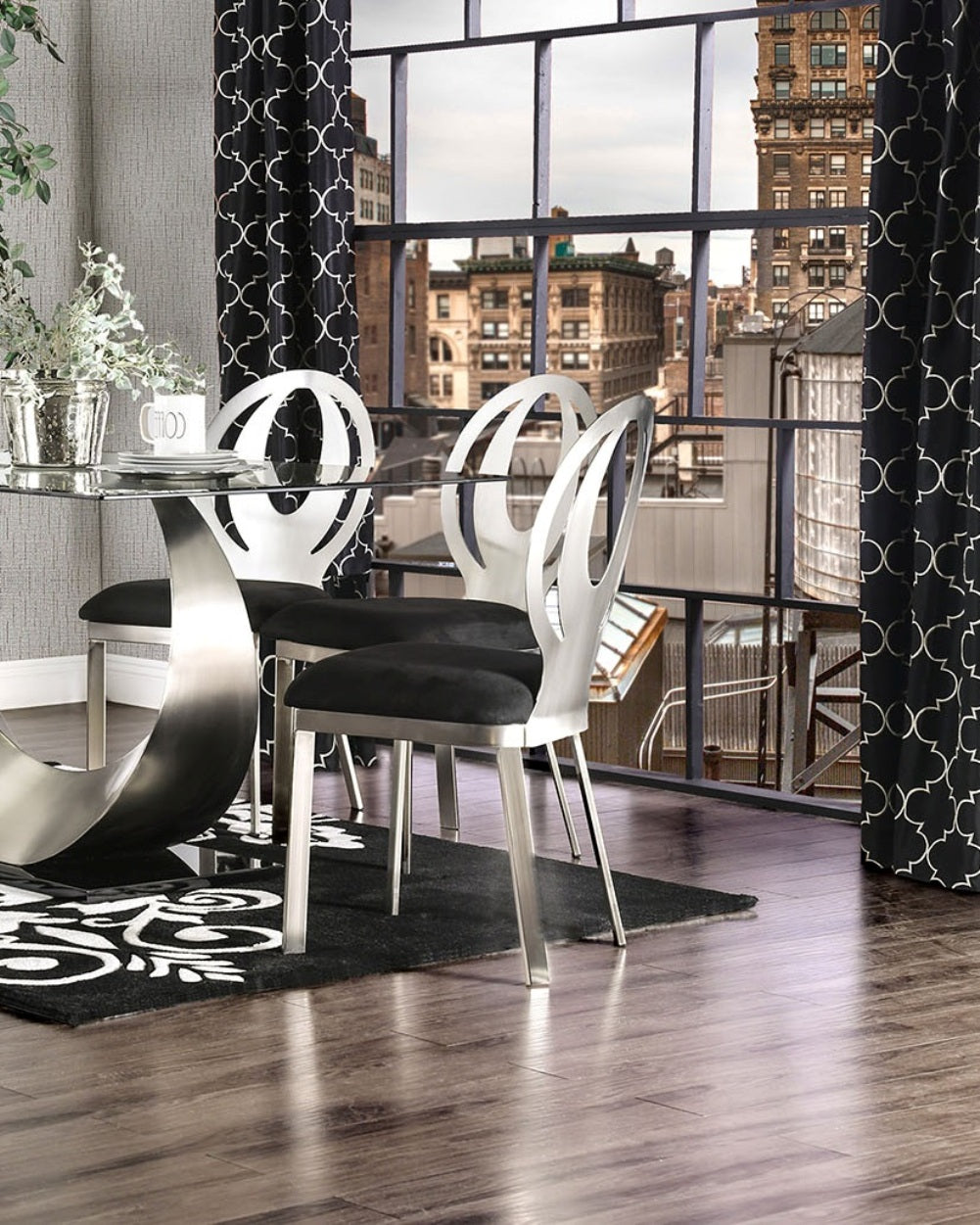 Modern chrome dining chairs with black velvet seats set of