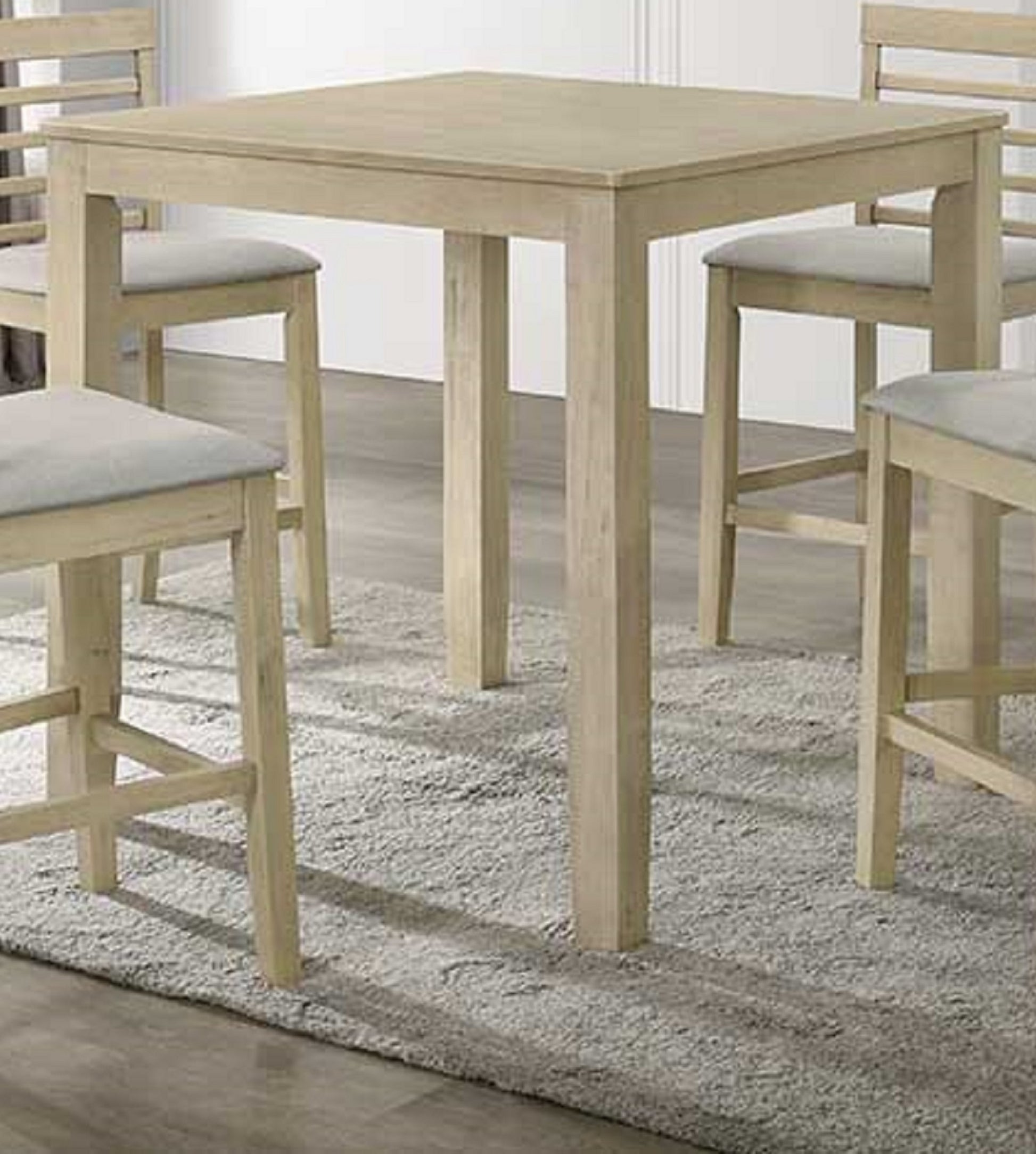Light oak wood counter height table with four legs and a modern design