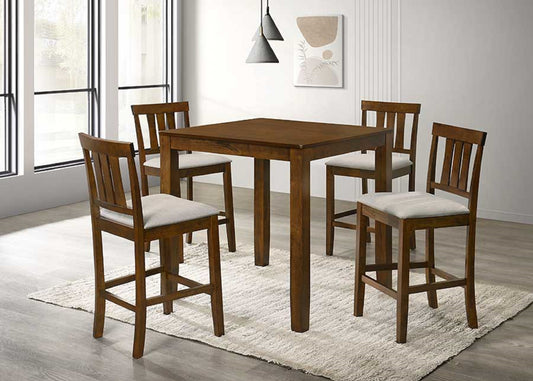 Wooden bar height dining table with four matching stools for a cozy kitchen nook