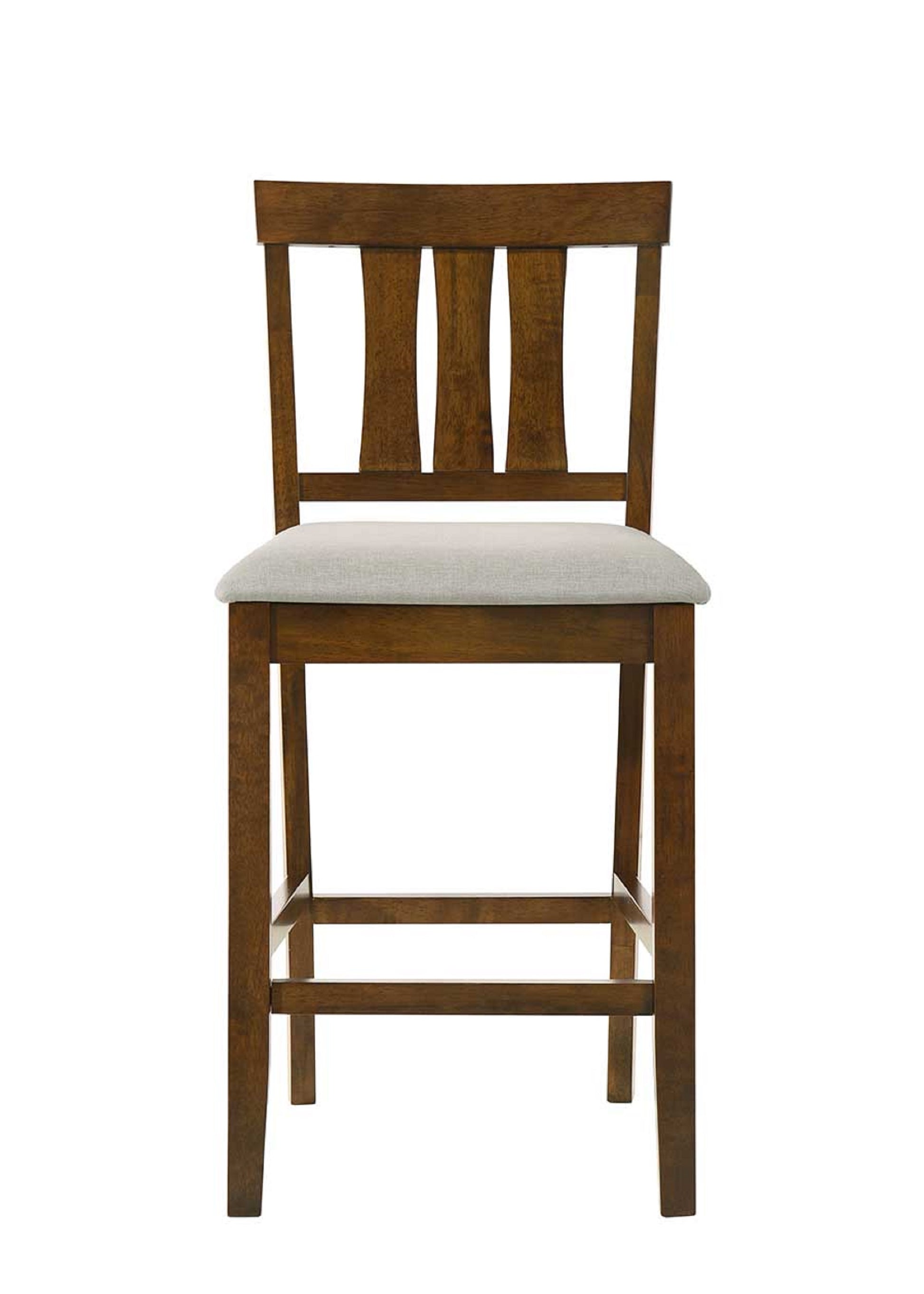 Wooden bar stool with slatted back and light grey upholstered seat