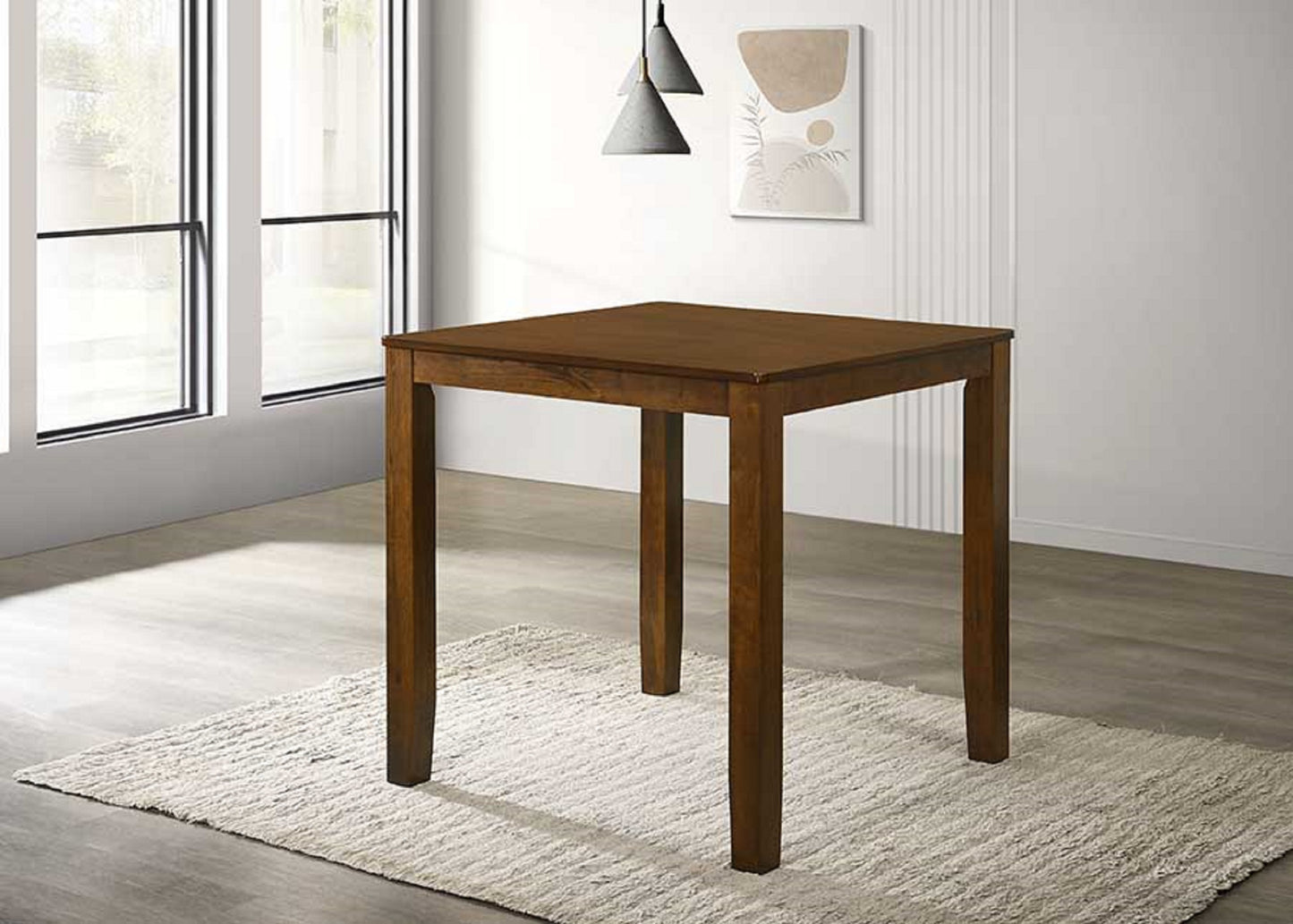 Dark wood square dining table with tapered legs on a shag rug
