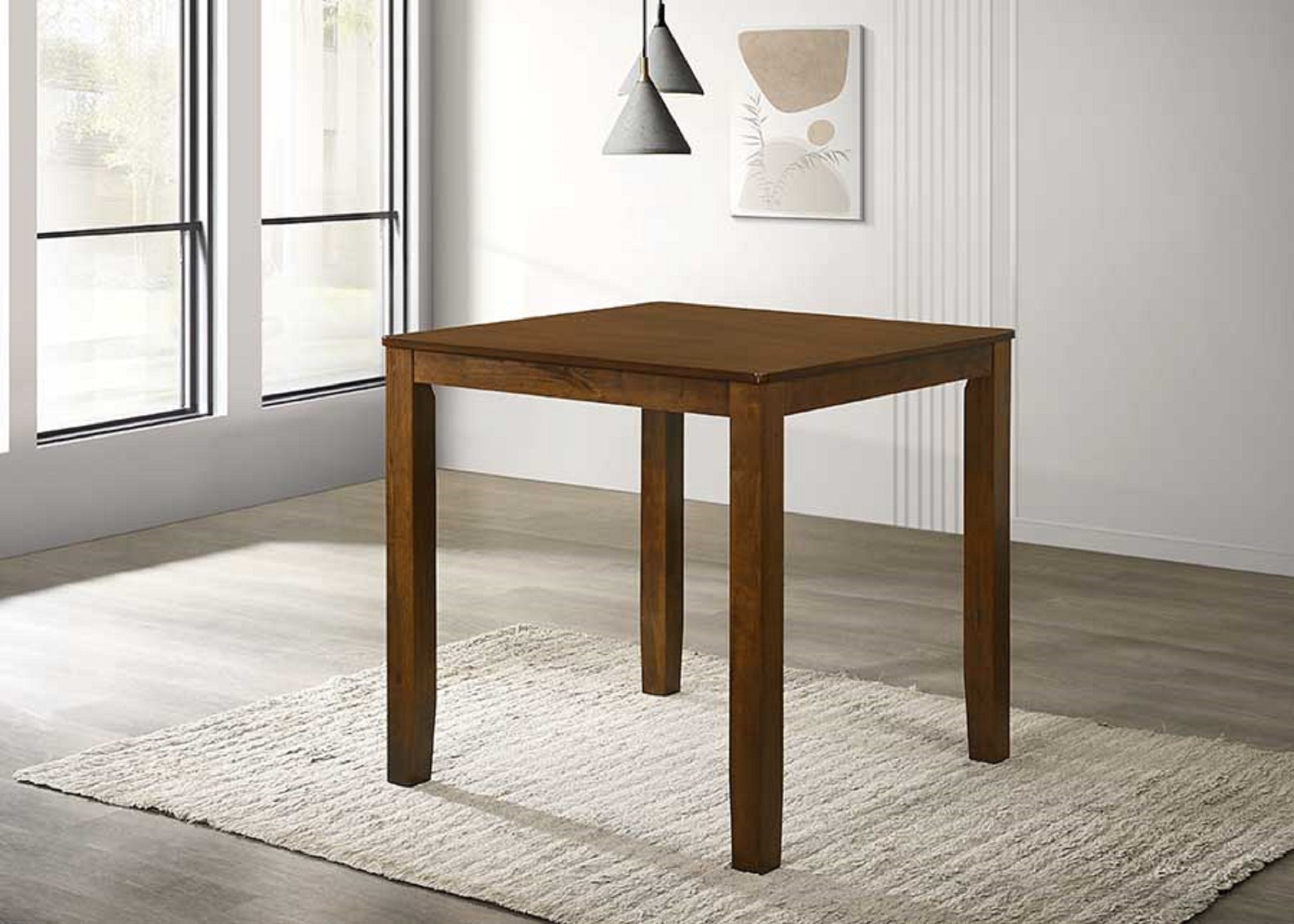 Dark wood square dining table with tapered legs on a shag rug