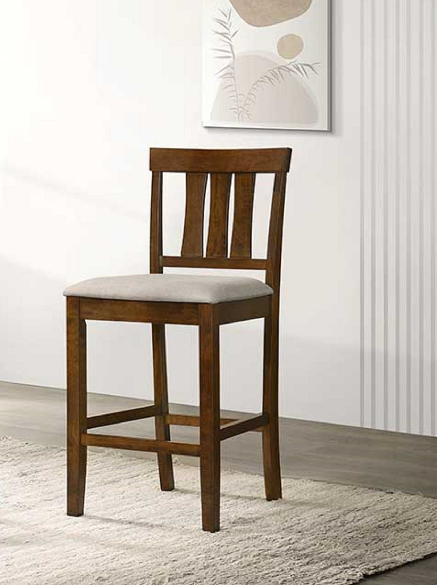 Dark wood counter height stool with upholstered light grey seat and vertical slat back