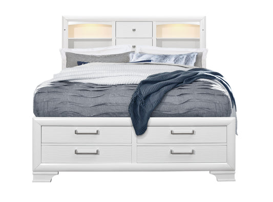 White storage bed with LED headboard lights and six drawers featuring a modern wood grain finish