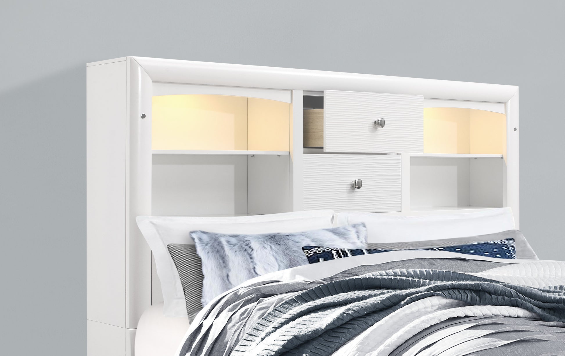 White headboard with builtin shelves and two textured drawers perfect for modern bedrooms