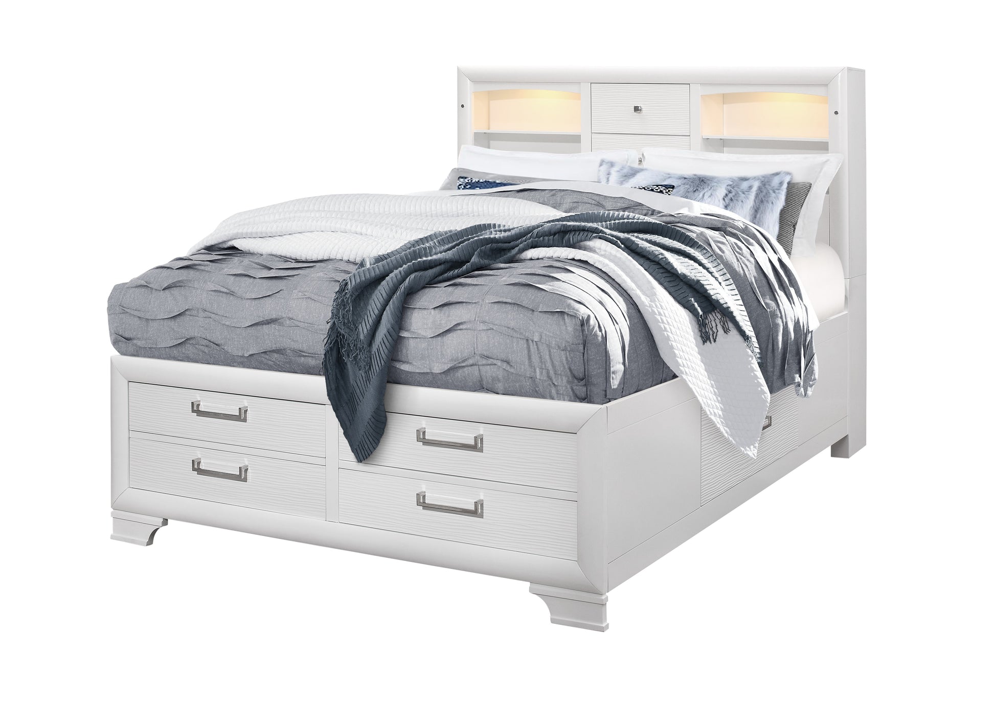 White upholstered bed with builtin drawers and LED headboard lighting