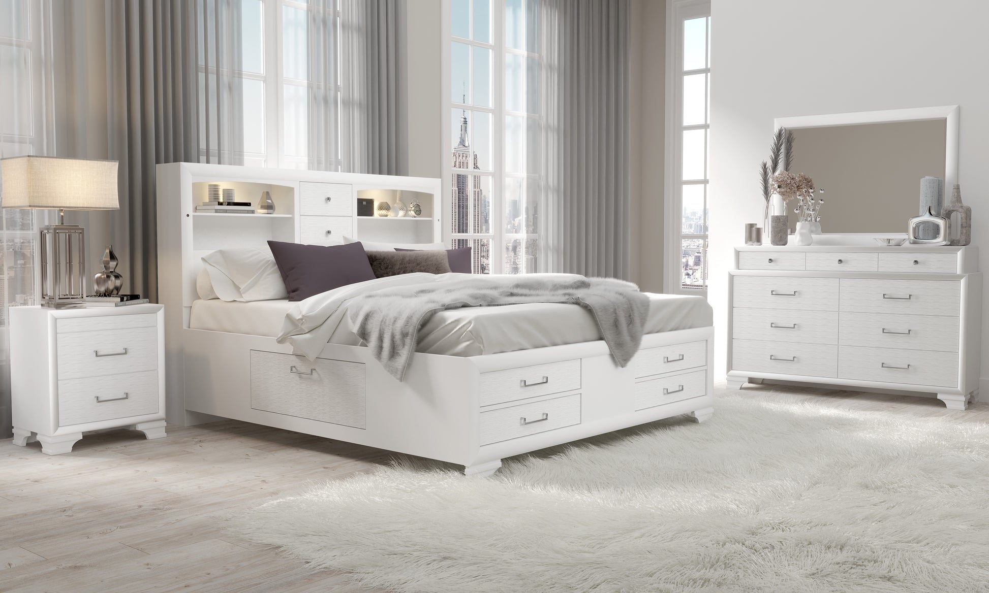 White king size bed with storage drawers and headboard shelves