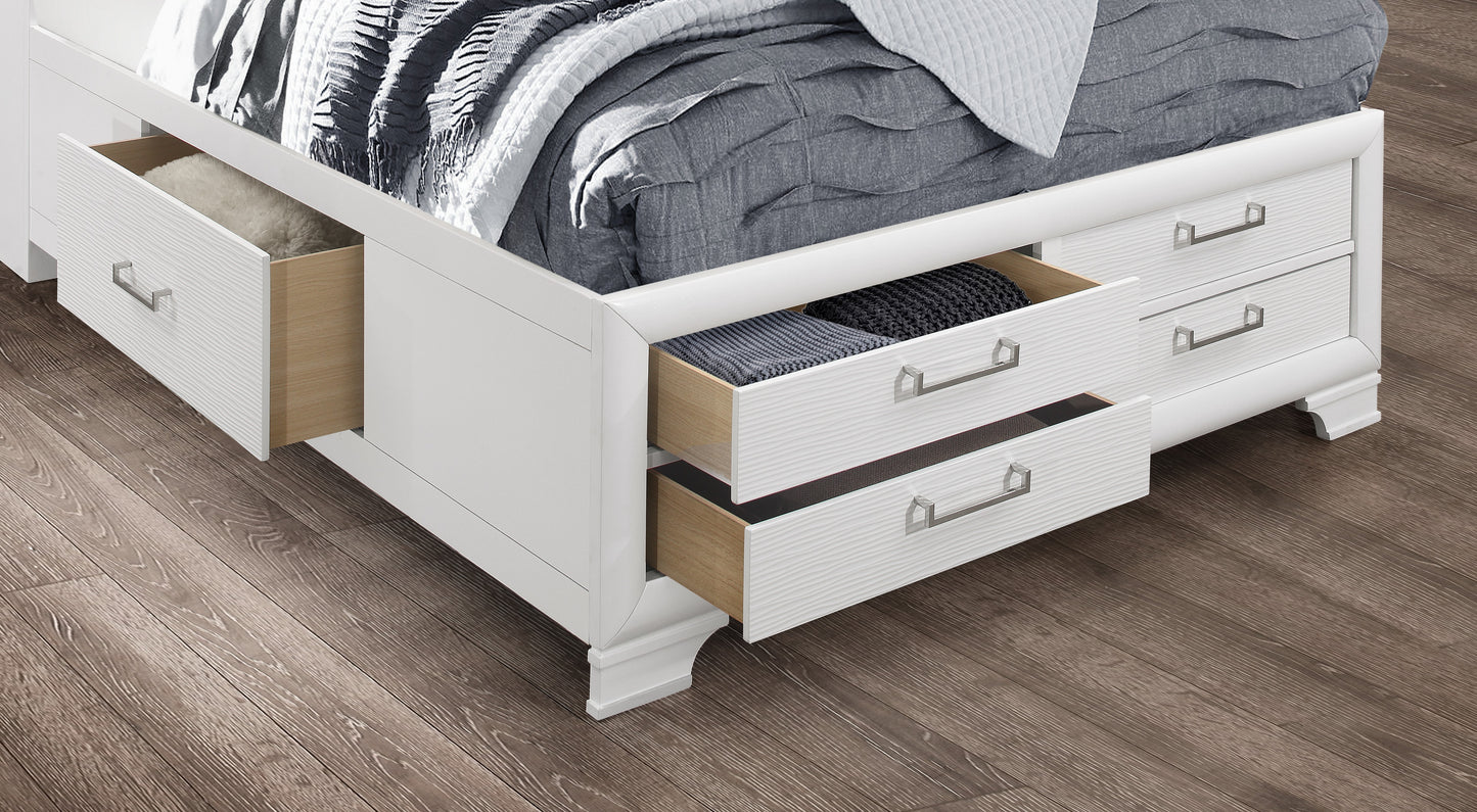 White modern bed frame with two open drawers featuring wood interiors and silver handles