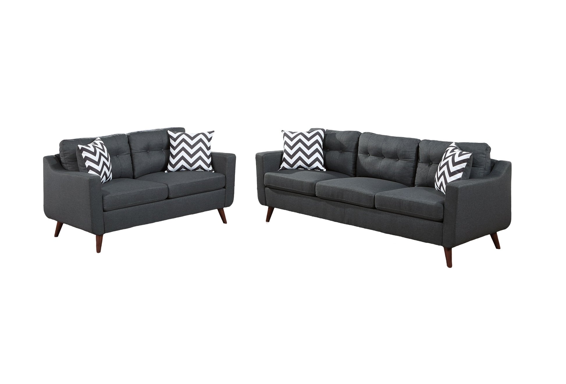 Dark gray fabric sofa set with tufted seats and chevron pillows