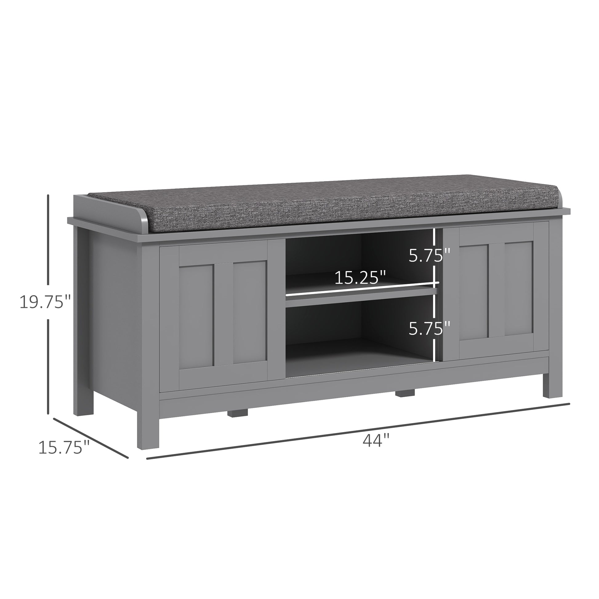 Gray entryway bench with cushioned seat and two storage cabinets