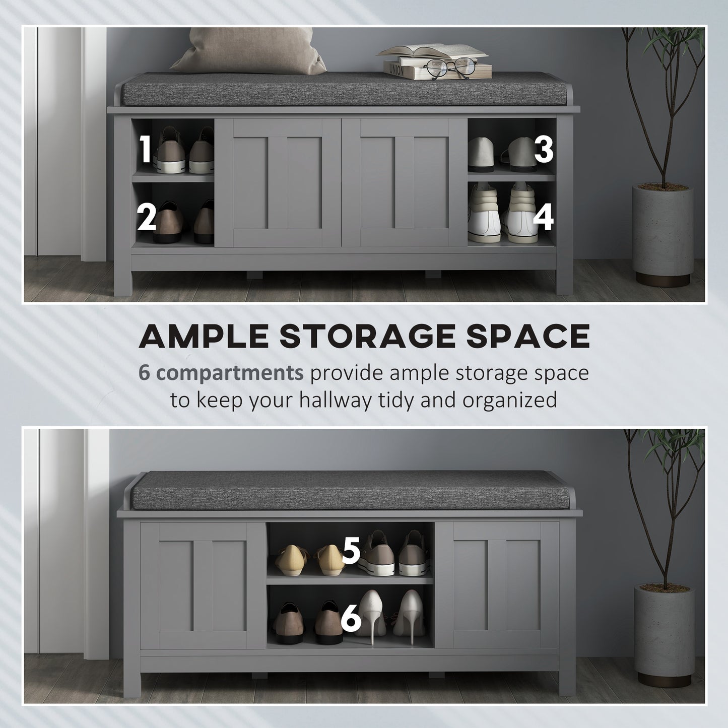 Gray entryway bench with cushioned top and six storage compartments